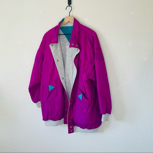Vintage 80s 90s Magenta & Grey Reversible Puffer Windbreaker - Picture 3 of 11